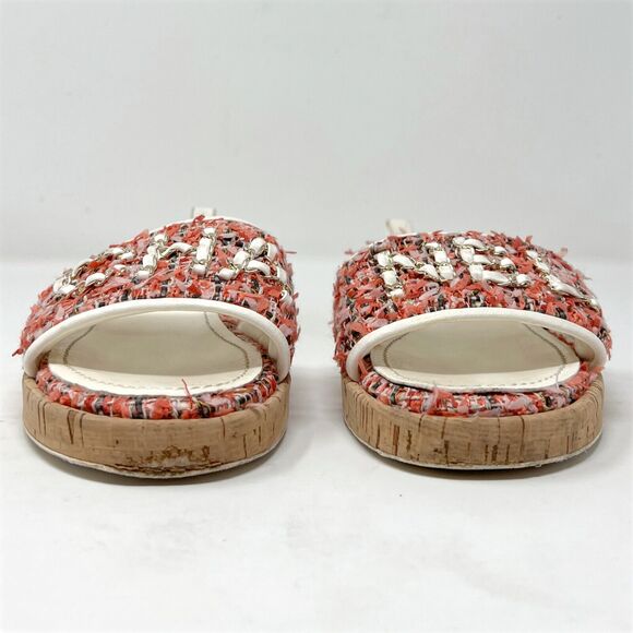 Chanel Logo Tweed Cork Slide Sandals 38.5 Coral CR21 Cruise 2021 - Picture 4 of 11